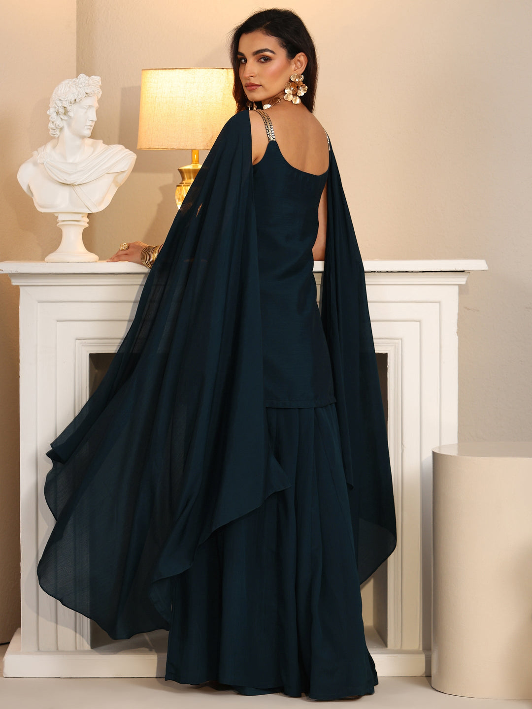  Libas Art Navy Blue Embellished Strappy Chinon Palazzo Suit Set 