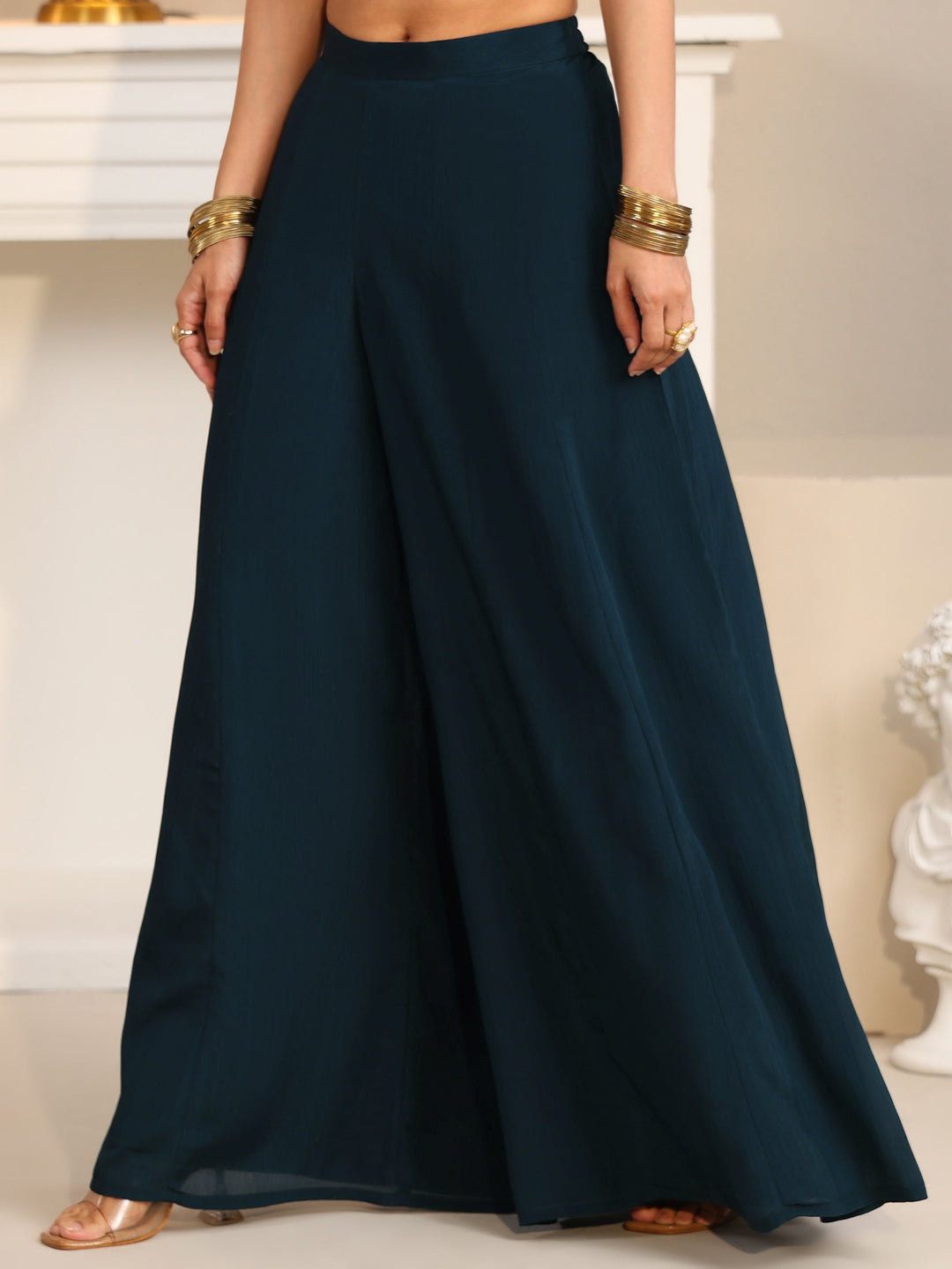  Libas Art Navy Blue Embellished Strappy Chinon Palazzo Suit Set 