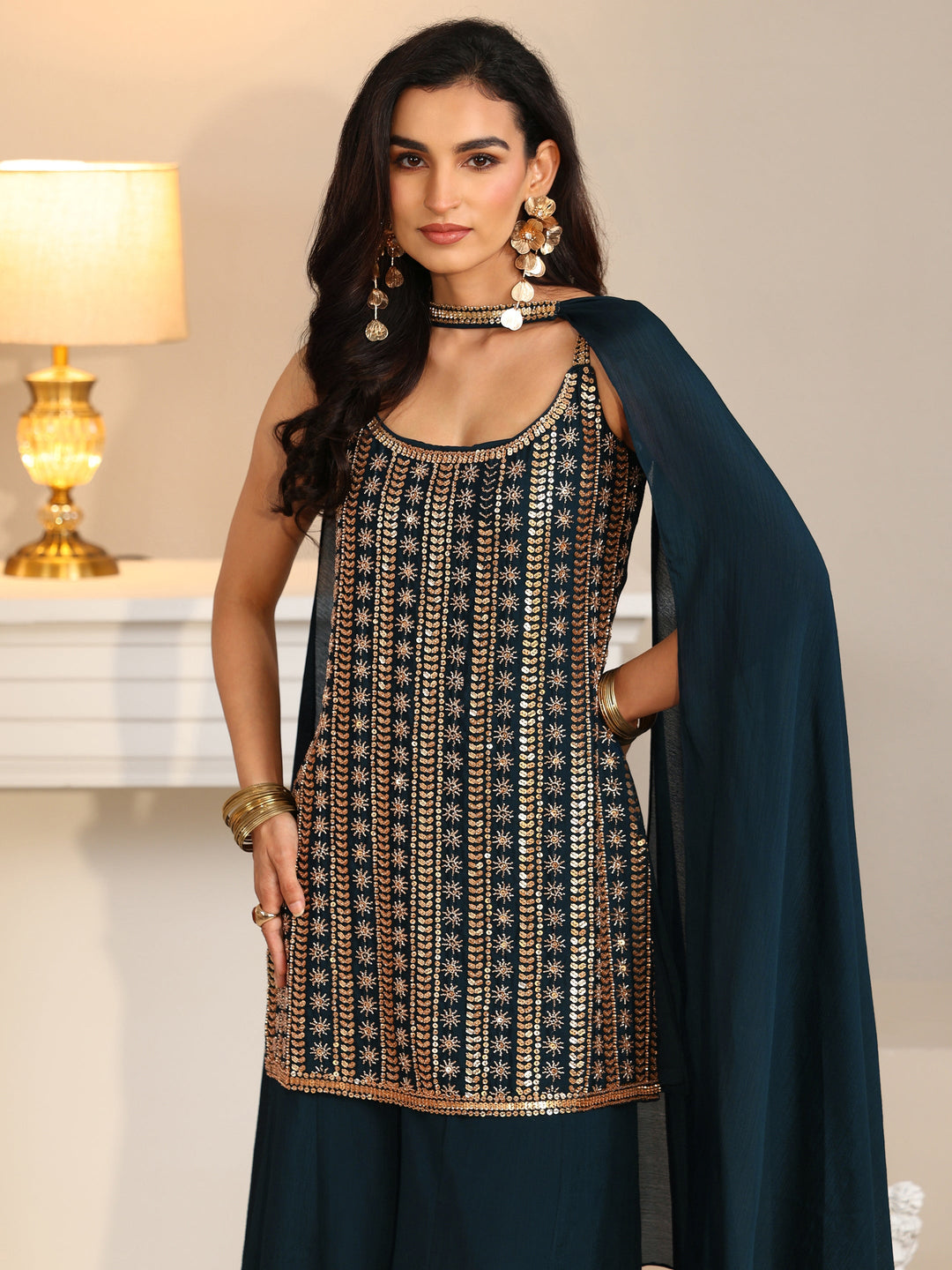  Libas Art Navy Blue Embellished Strappy Chinon Palazzo Suit Set 