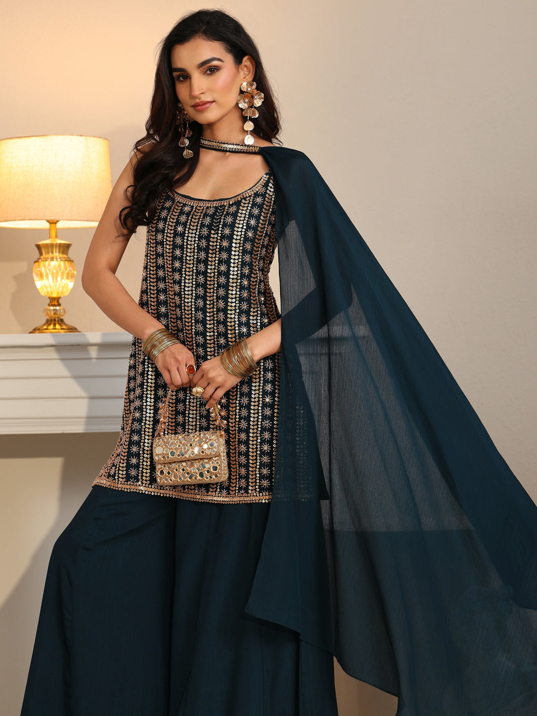  Libas Art Navy Blue Embellished Strappy Chinon Palazzo Suit Set 