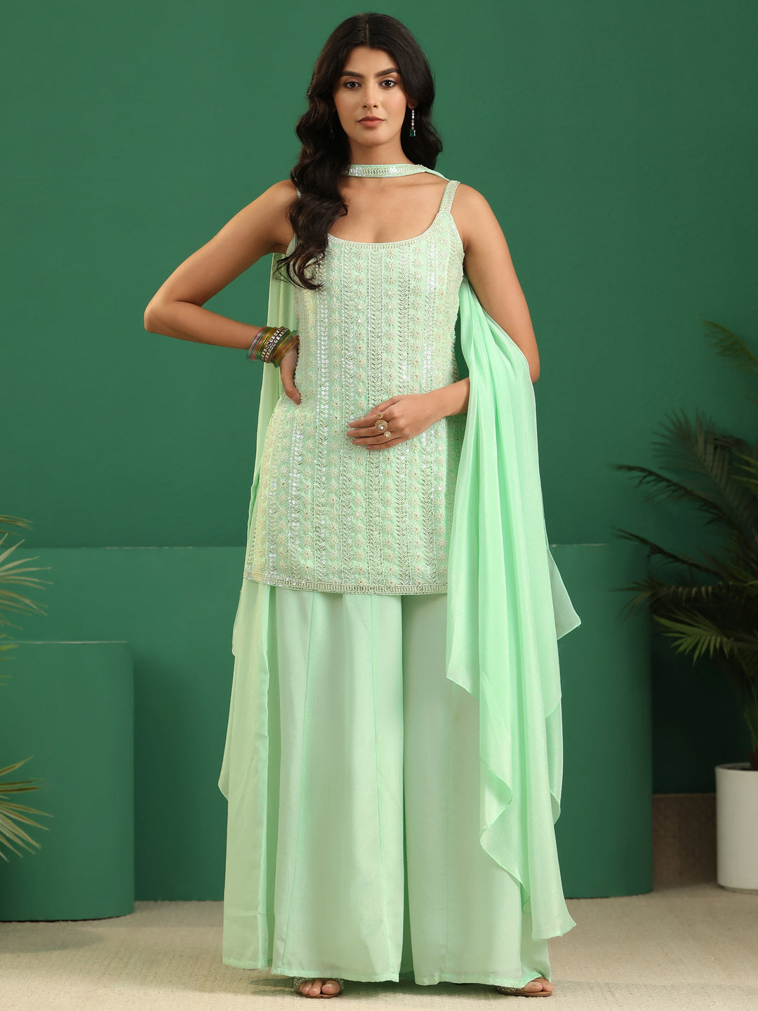  Libas Art Mint Green Sequin Embellished Strappy Chinon Palazzo Suit Set 