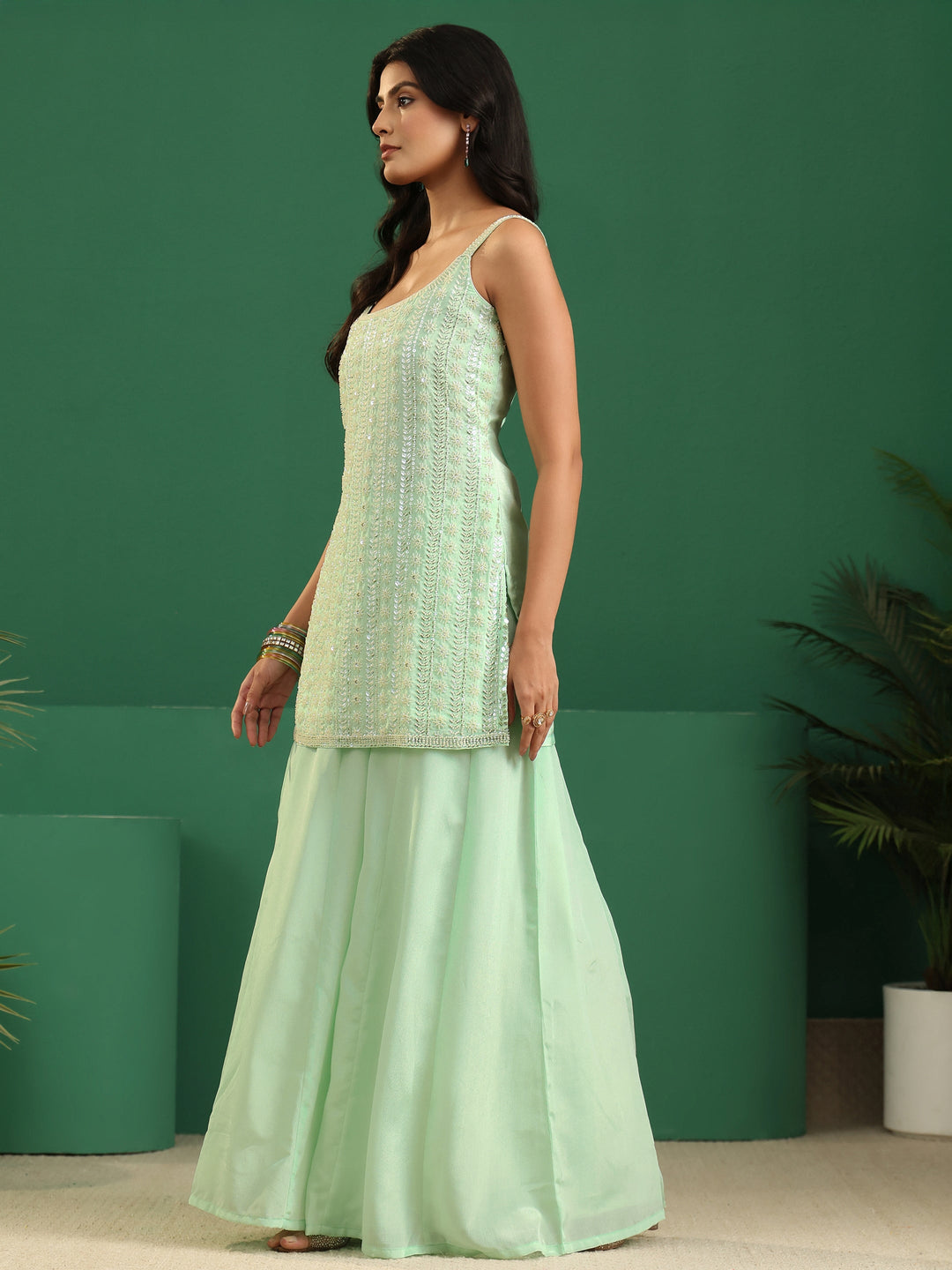  Libas Art Mint Green Sequin Embellished Strappy Chinon Palazzo Suit Set 