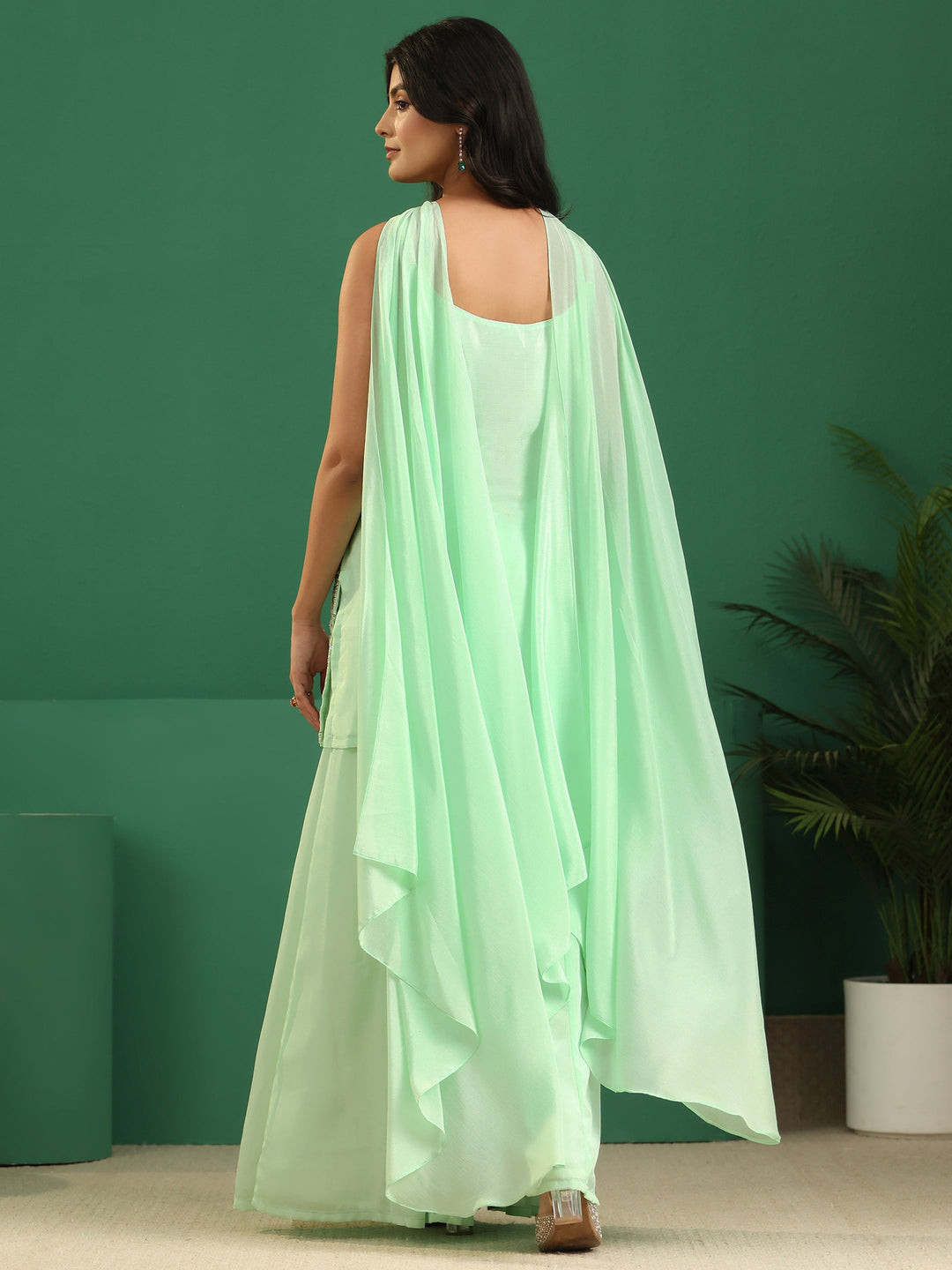  Libas Art Mint Green Sequin Embellished Strappy Chinon Palazzo Suit Set 