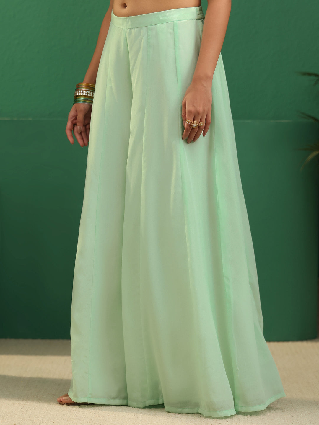  Libas Art Mint Green Sequin Embellished Strappy Chinon Palazzo Suit Set 
