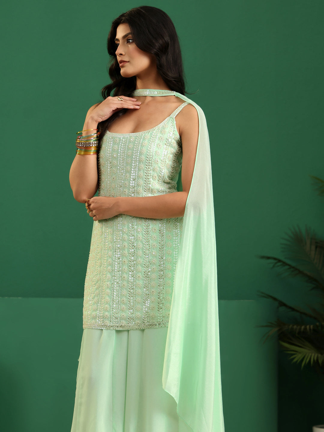  Libas Art Mint Green Sequin Embellished Strappy Chinon Palazzo Suit Set 
