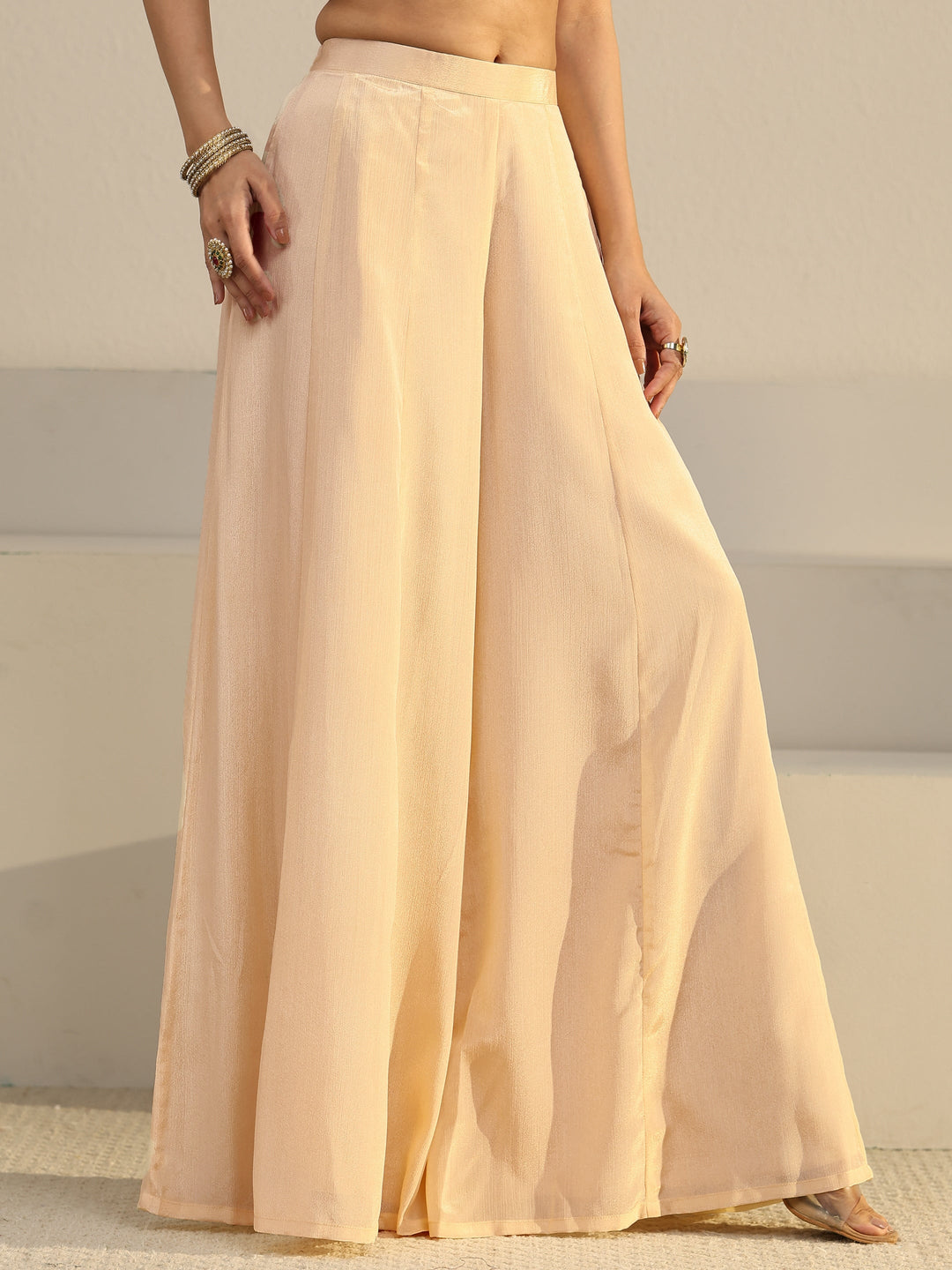  Libas Art Beige Strappy Embellished Chinon Palazzo Suit Set 