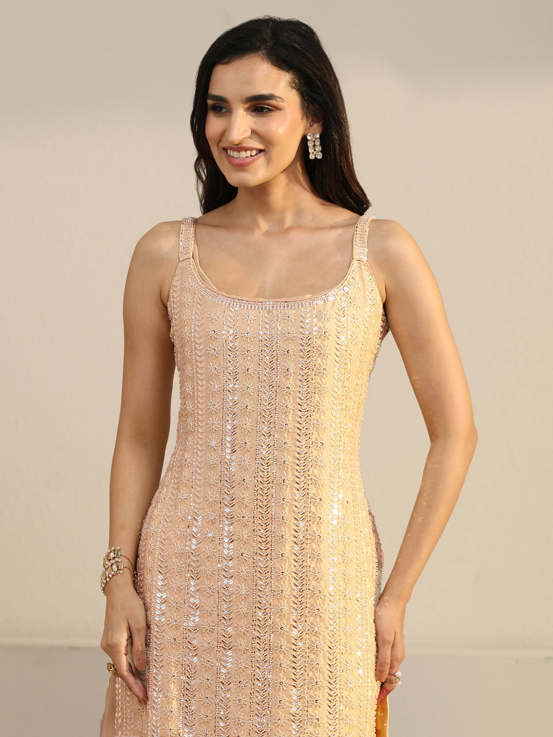  Libas Art Beige Strappy Embellished Chinon Palazzo Suit Set 