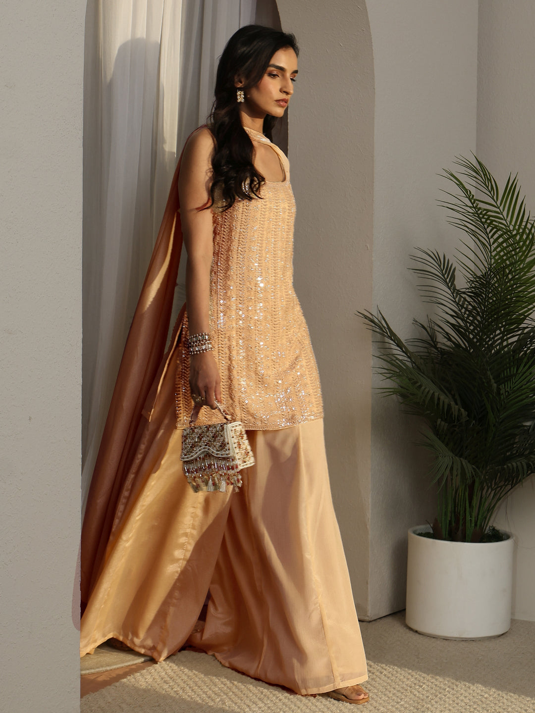  Libas Art Beige Strappy Embellished Chinon Palazzo Suit Set 