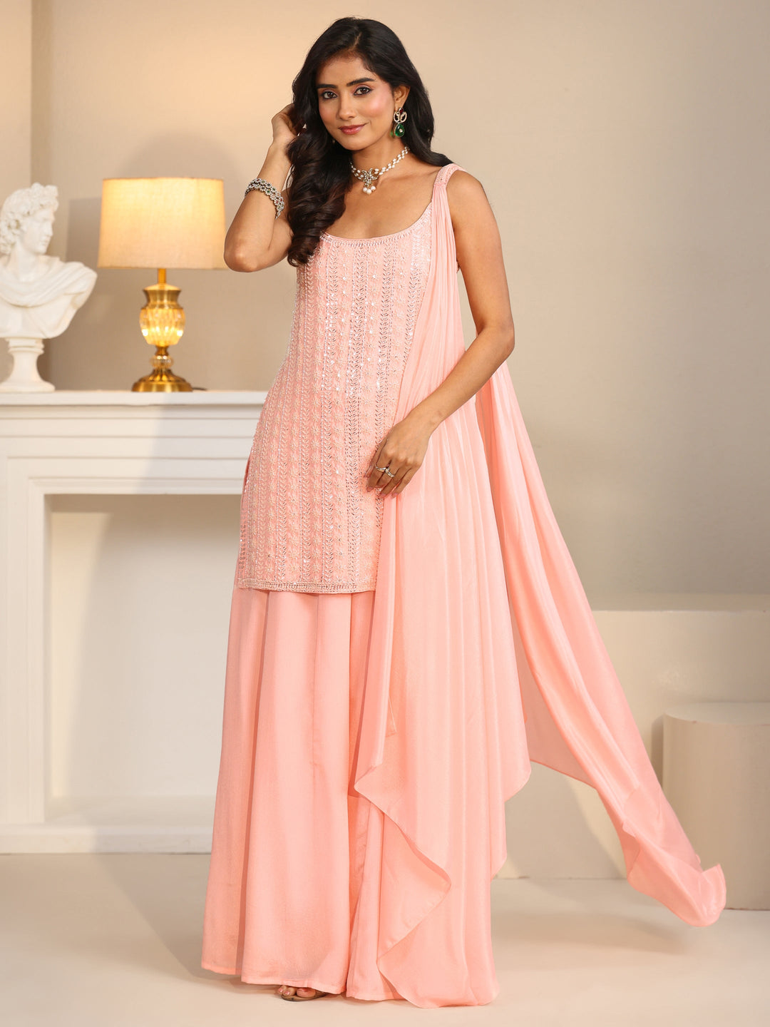  Libas Art Baby Pink Embellished Strappy Chinon Palazzo Suit Set 