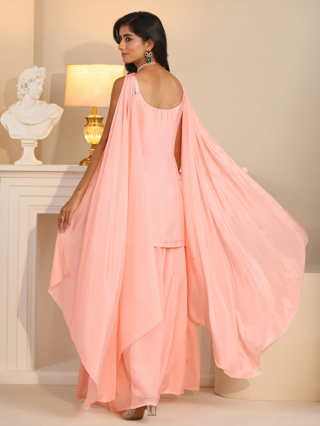  Libas Art Baby Pink Embellished Strappy Chinon Palazzo Suit Set 
