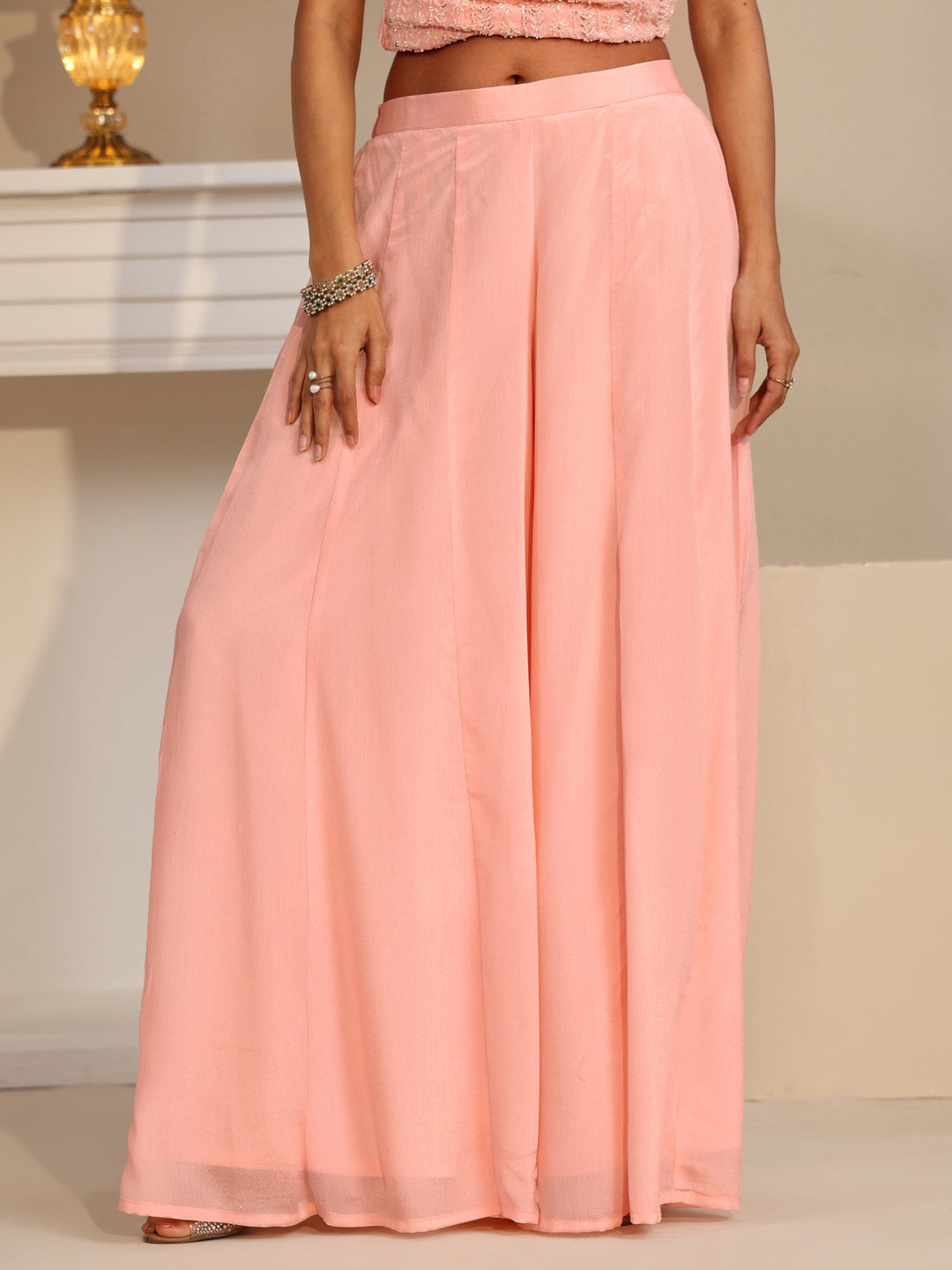  Libas Art Baby Pink Embellished Strappy Chinon Palazzo Suit Set 