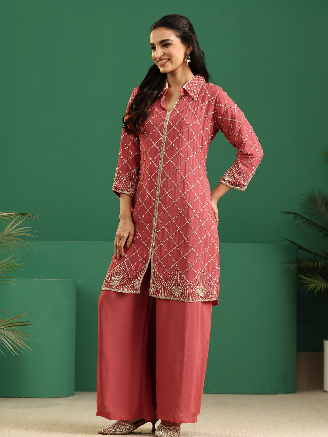  Libas Art Dusty Rose Pink Embellished Chinon Co-Ord Set 