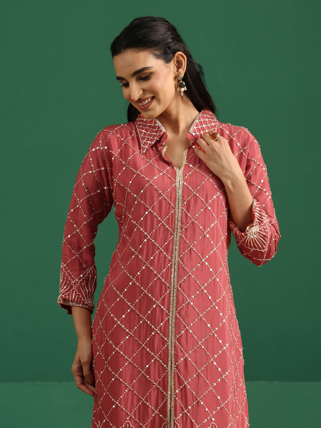  Libas Art Dusty Rose Pink Embellished Chinon Co-Ord Set 