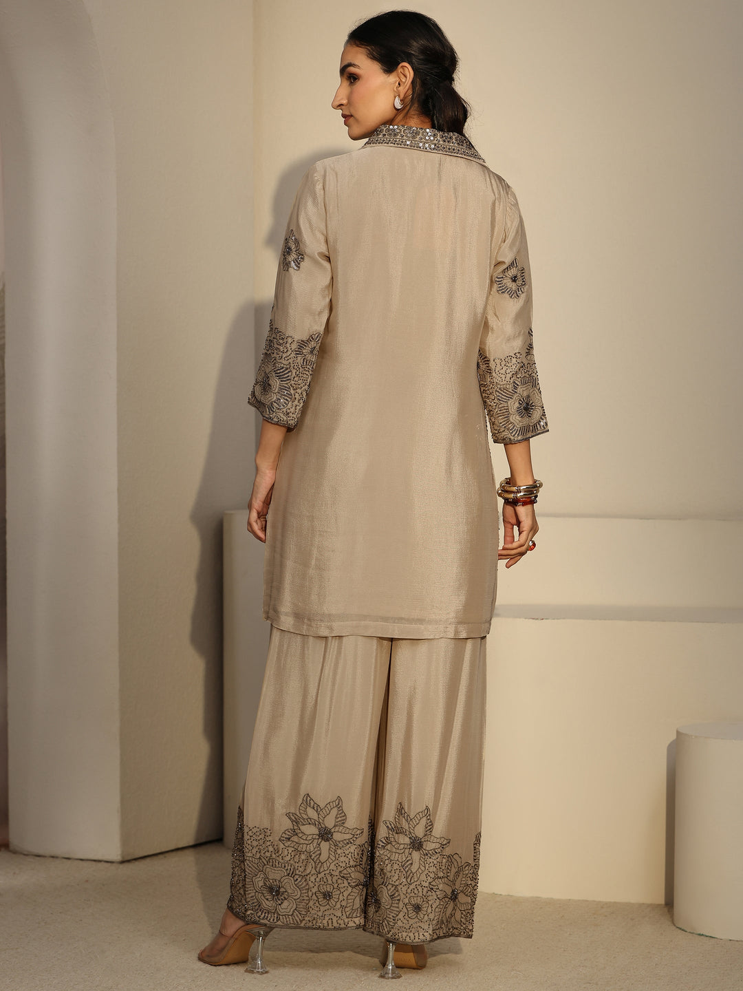  Libas Art Cream Floral Embellished Chinon Co-Ord Set 