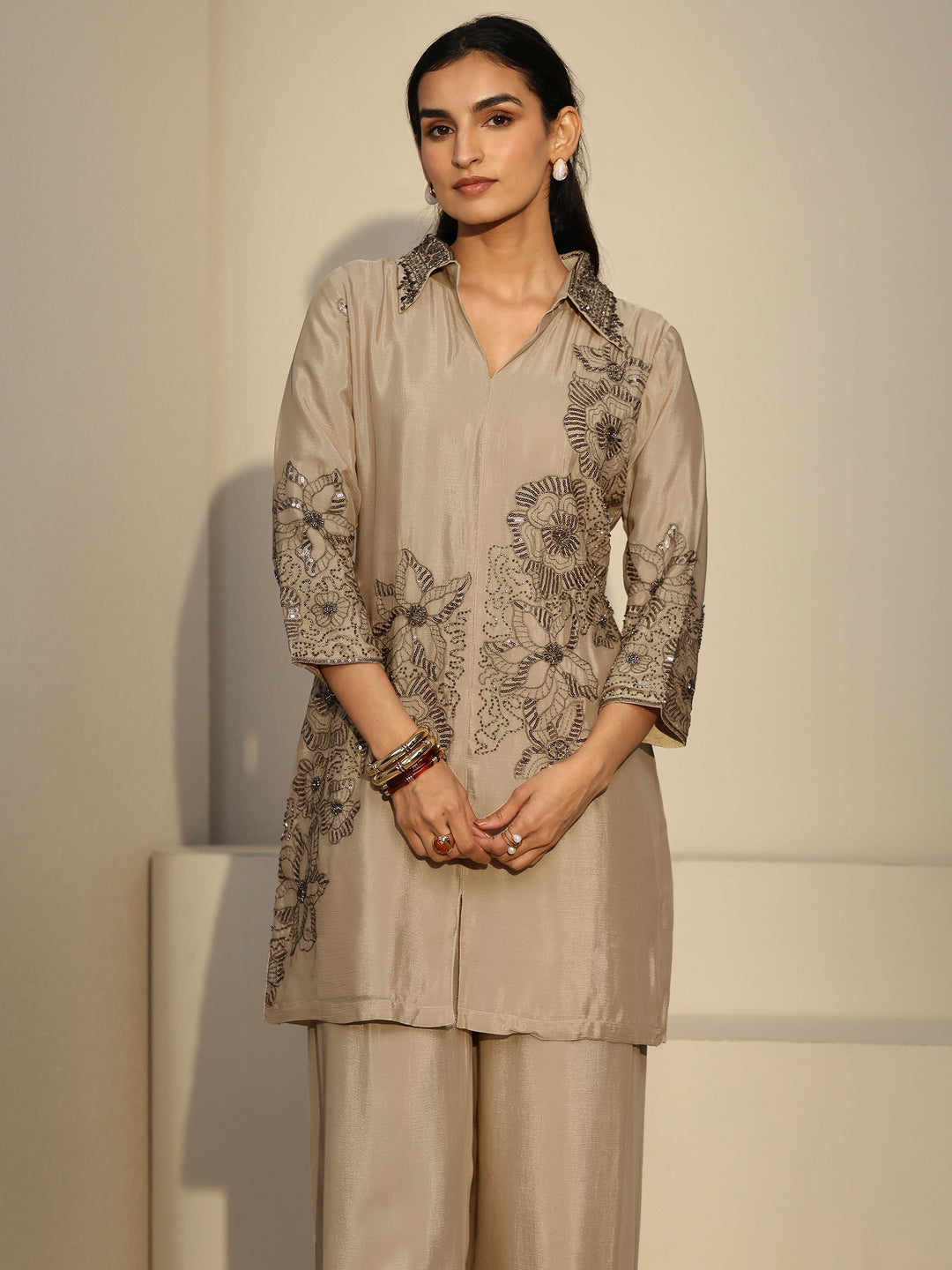  Libas Art Cream Floral Embellished Chinon Co-Ord Set 