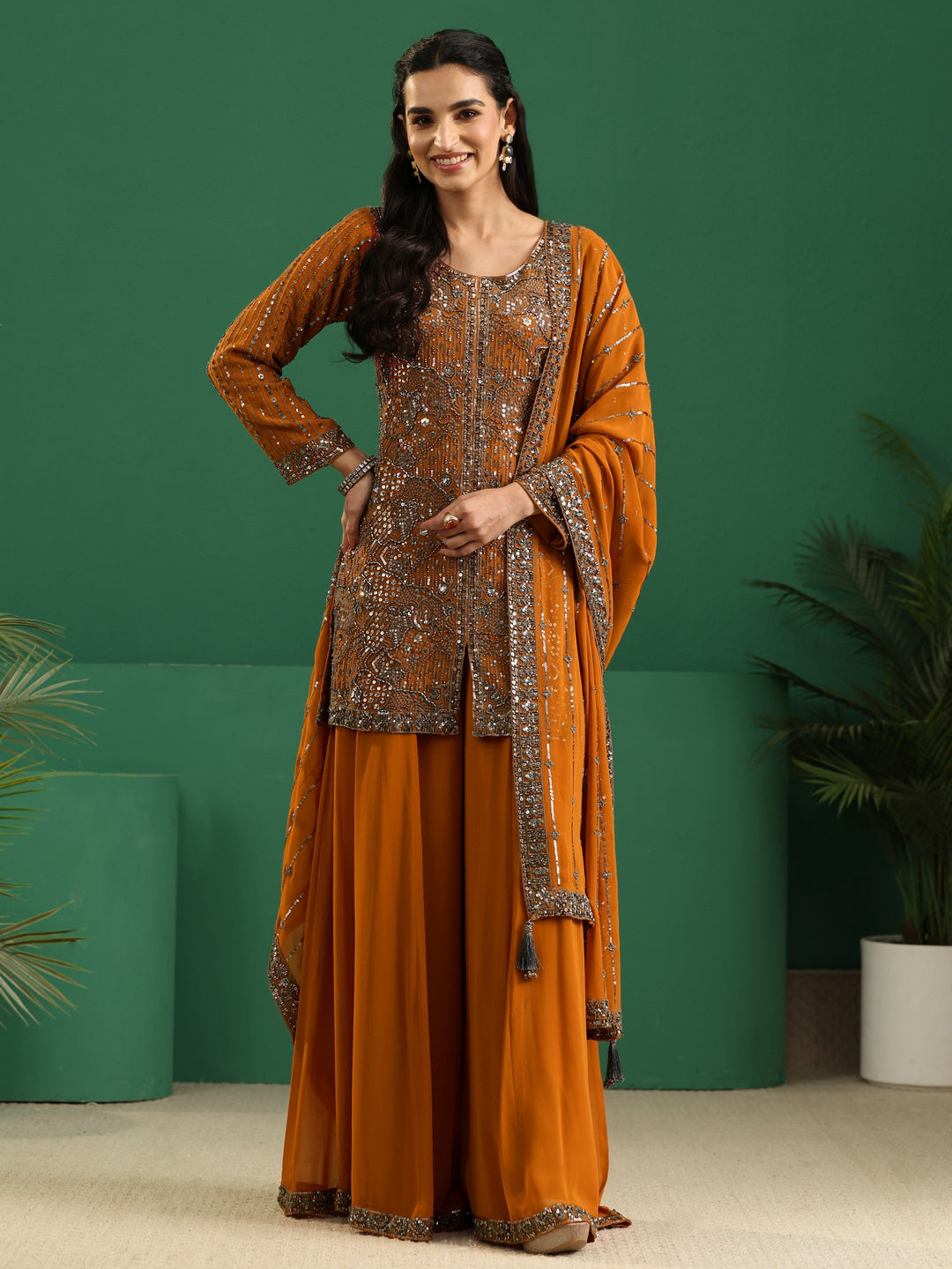  Libas Art Rust Brown Embellished Georgette Palazzo Suit Set 