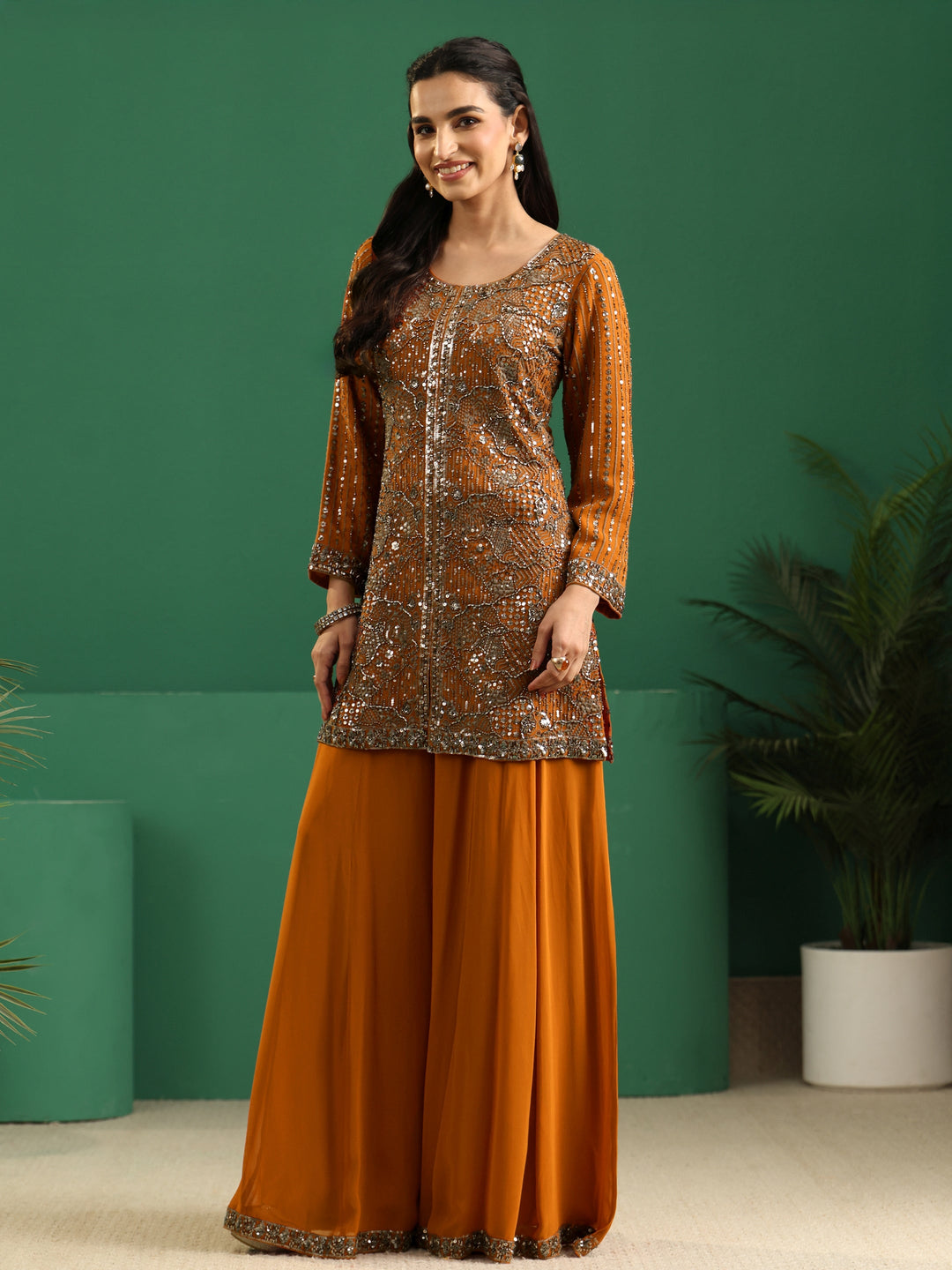  Libas Art Rust Brown Embellished Georgette Palazzo Suit Set 