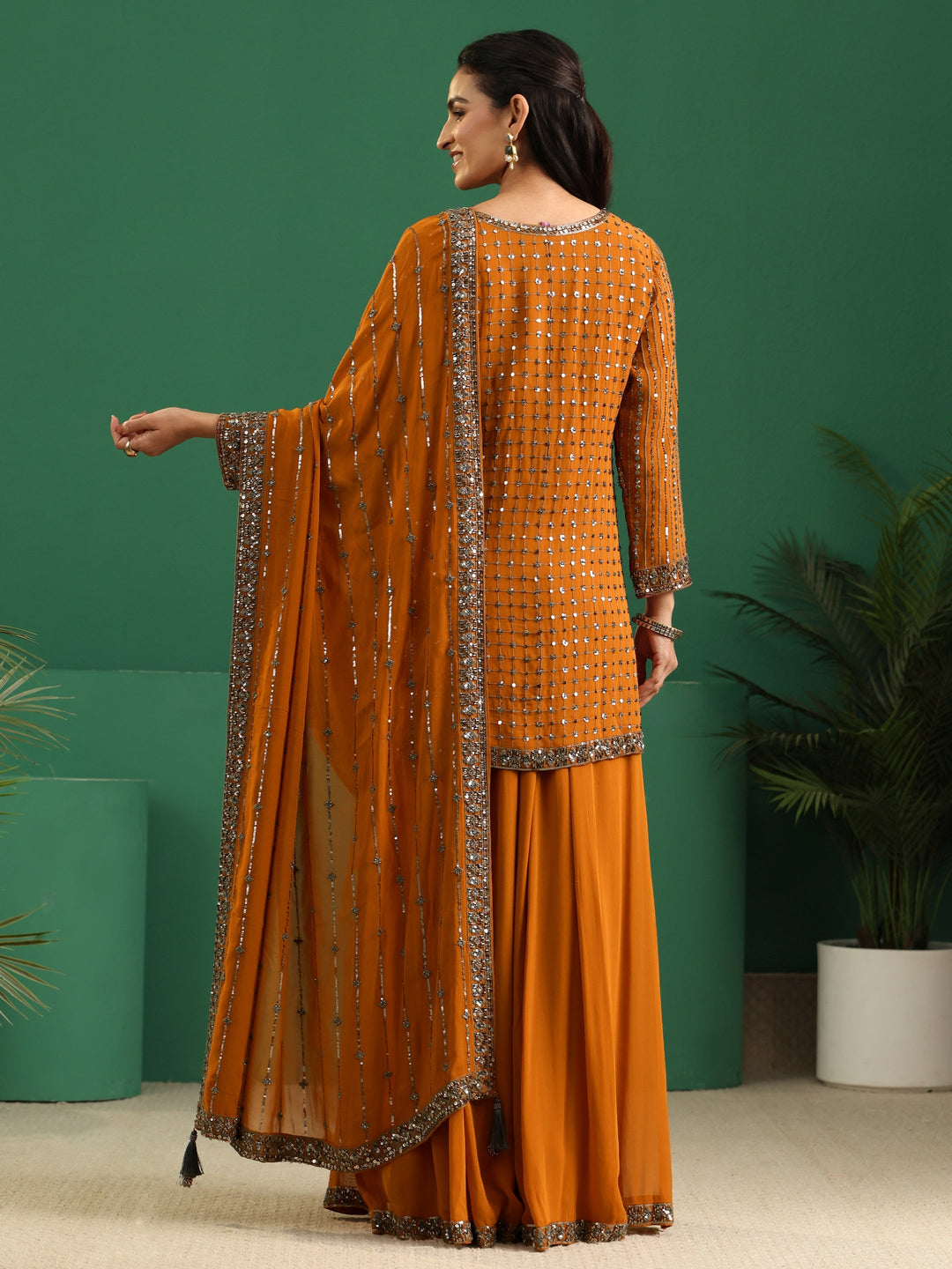  Libas Art Rust Brown Embellished Georgette Palazzo Suit Set 