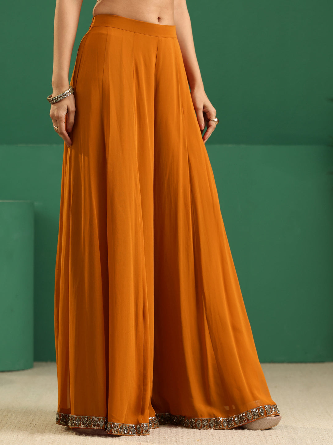  Libas Art Rust Brown Embellished Georgette Palazzo Suit Set 