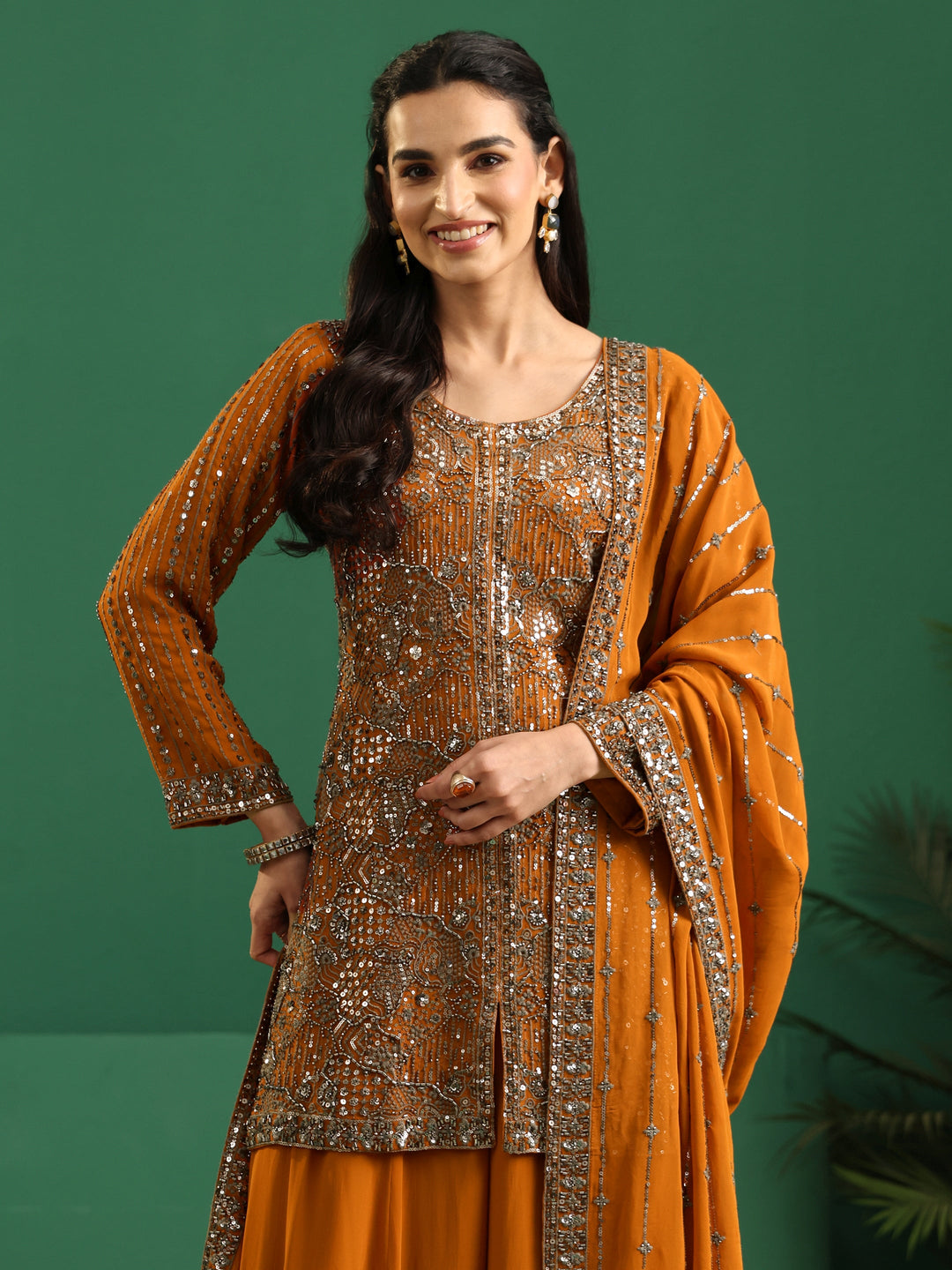  Libas Art Rust Brown Embellished Georgette Palazzo Suit Set 