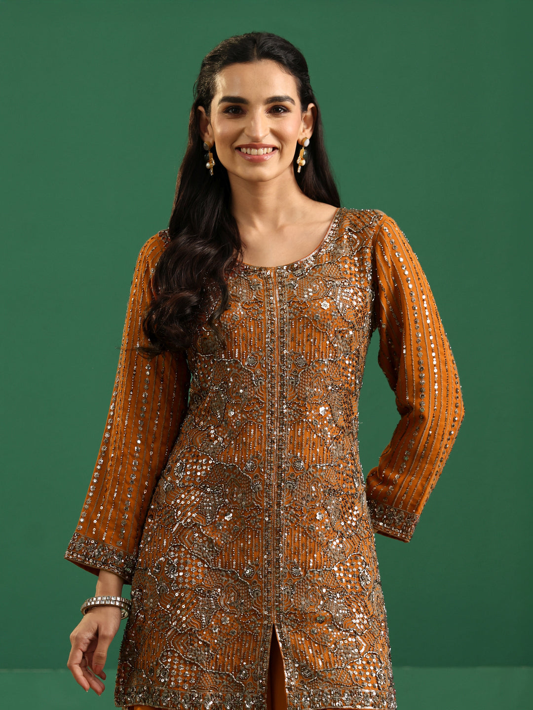 Libas Art Rust Brown Embellished Georgette Palazzo Suit Set 