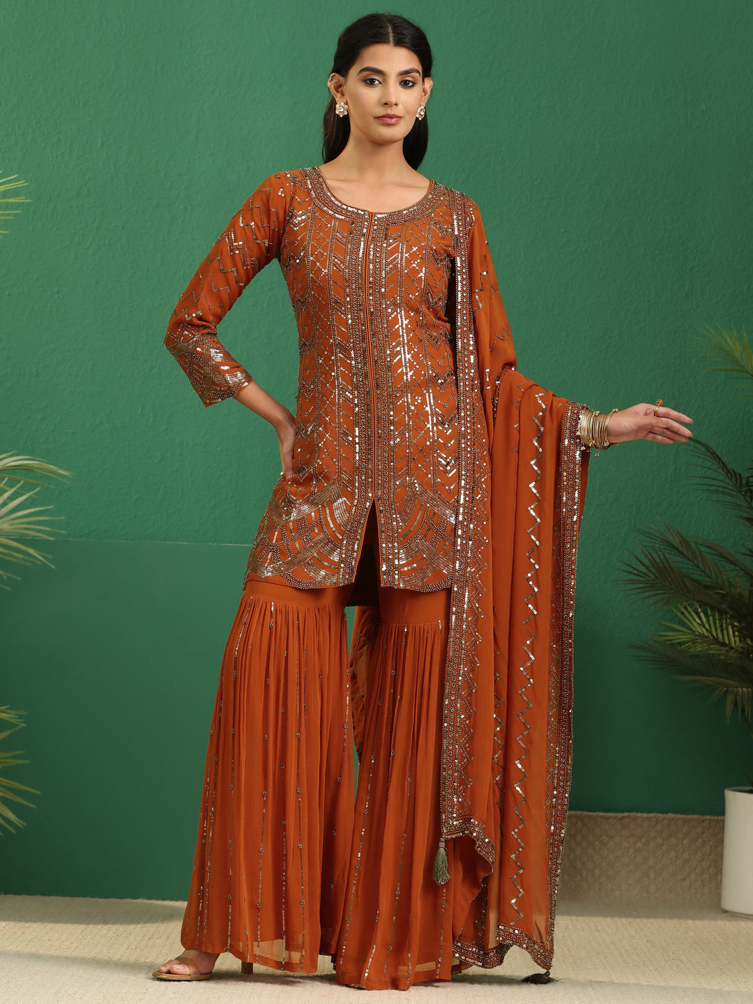  Libas Art Rust Brown Embellished Georgette Sharara Suit Set 