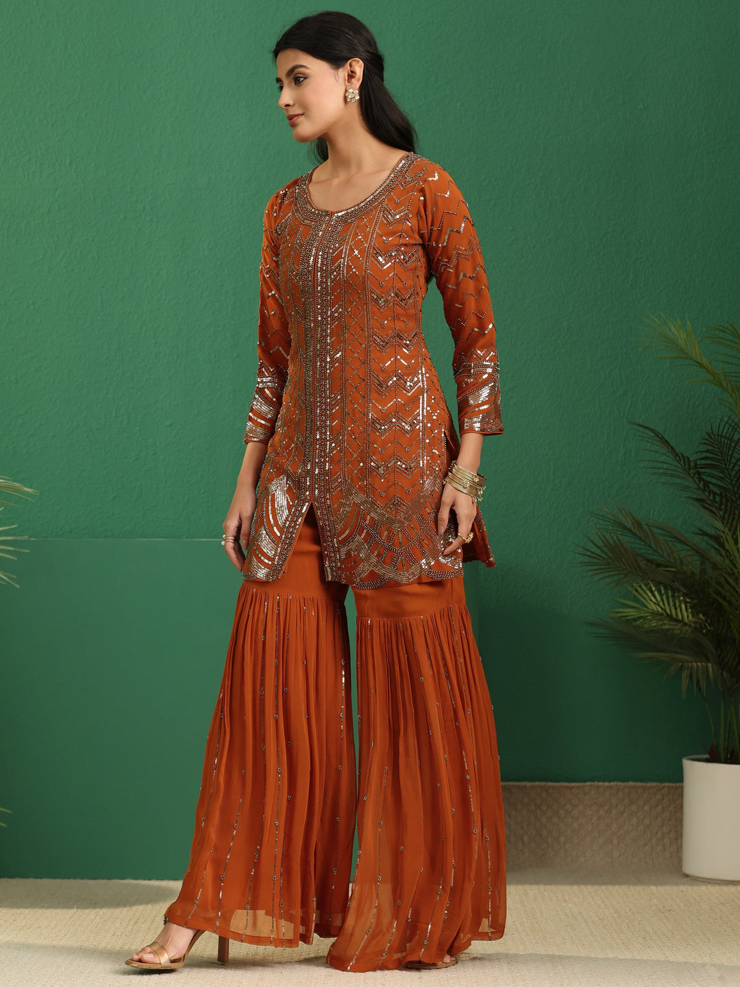  Libas Art Rust Brown Embellished Georgette Sharara Suit Set 