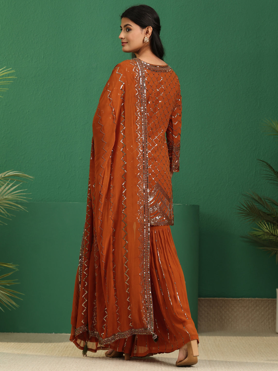  Libas Art Rust Brown Embellished Georgette Sharara Suit Set 