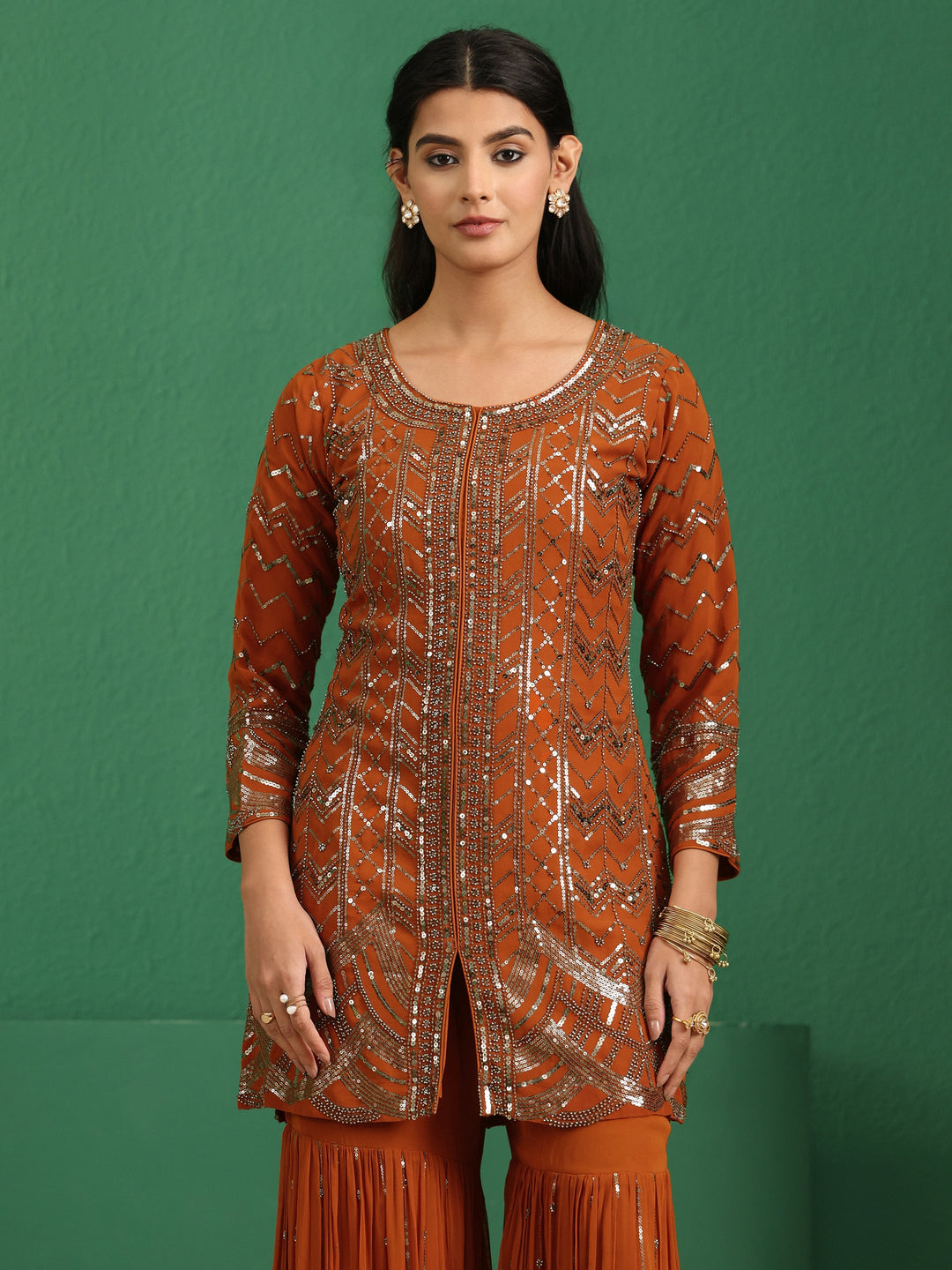  Libas Art Rust Brown Embellished Georgette Sharara Suit Set 
