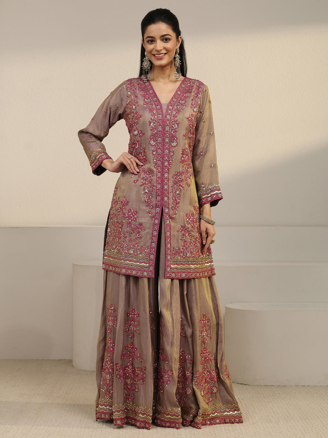  Libas Art Taupe Floral Embroidered Organza Palazzo Suit Set 