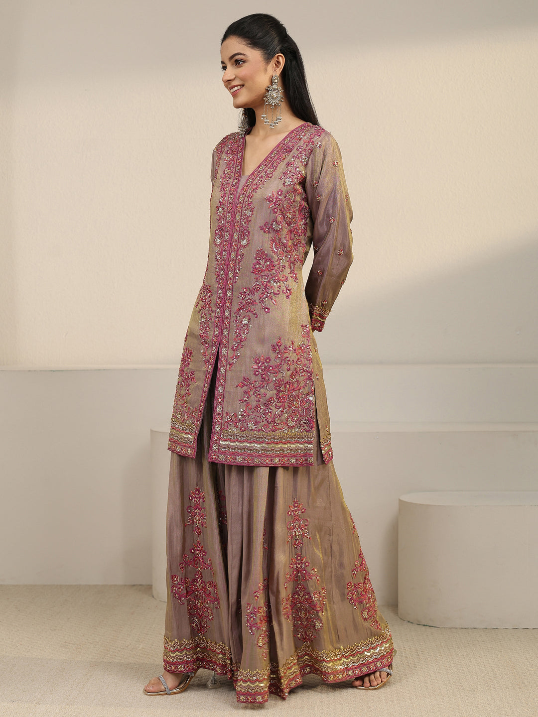  Libas Art Taupe Floral Embroidered Organza Palazzo Suit Set 