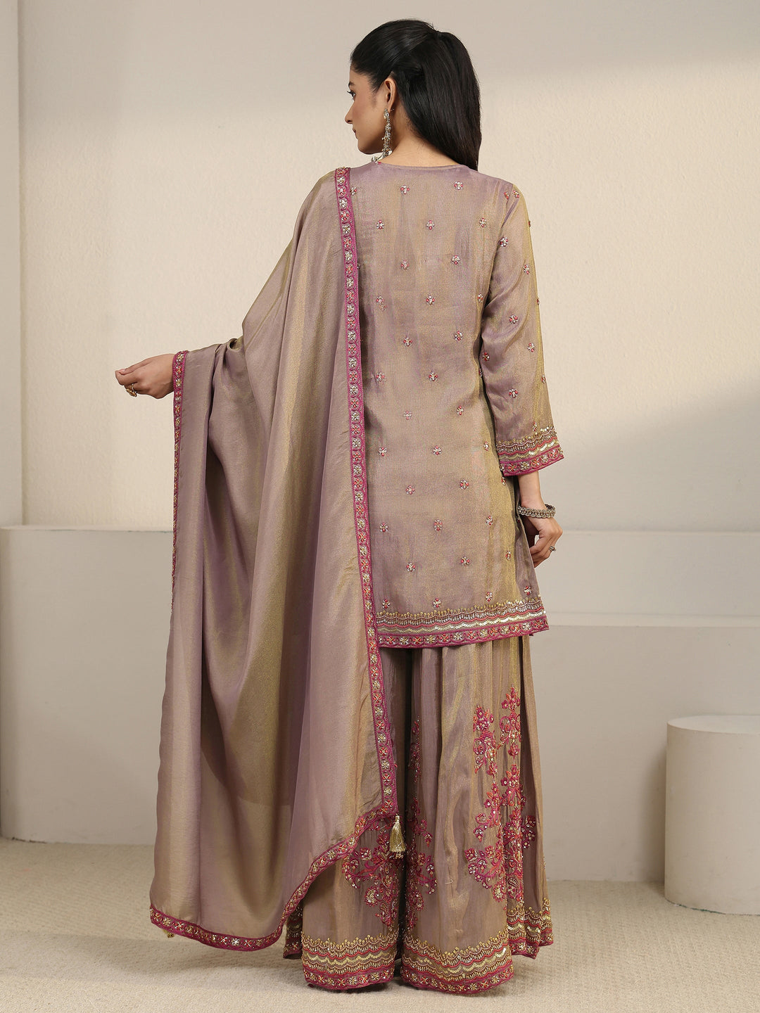  Libas Art Taupe Floral Embroidered Organza Palazzo Suit Set 