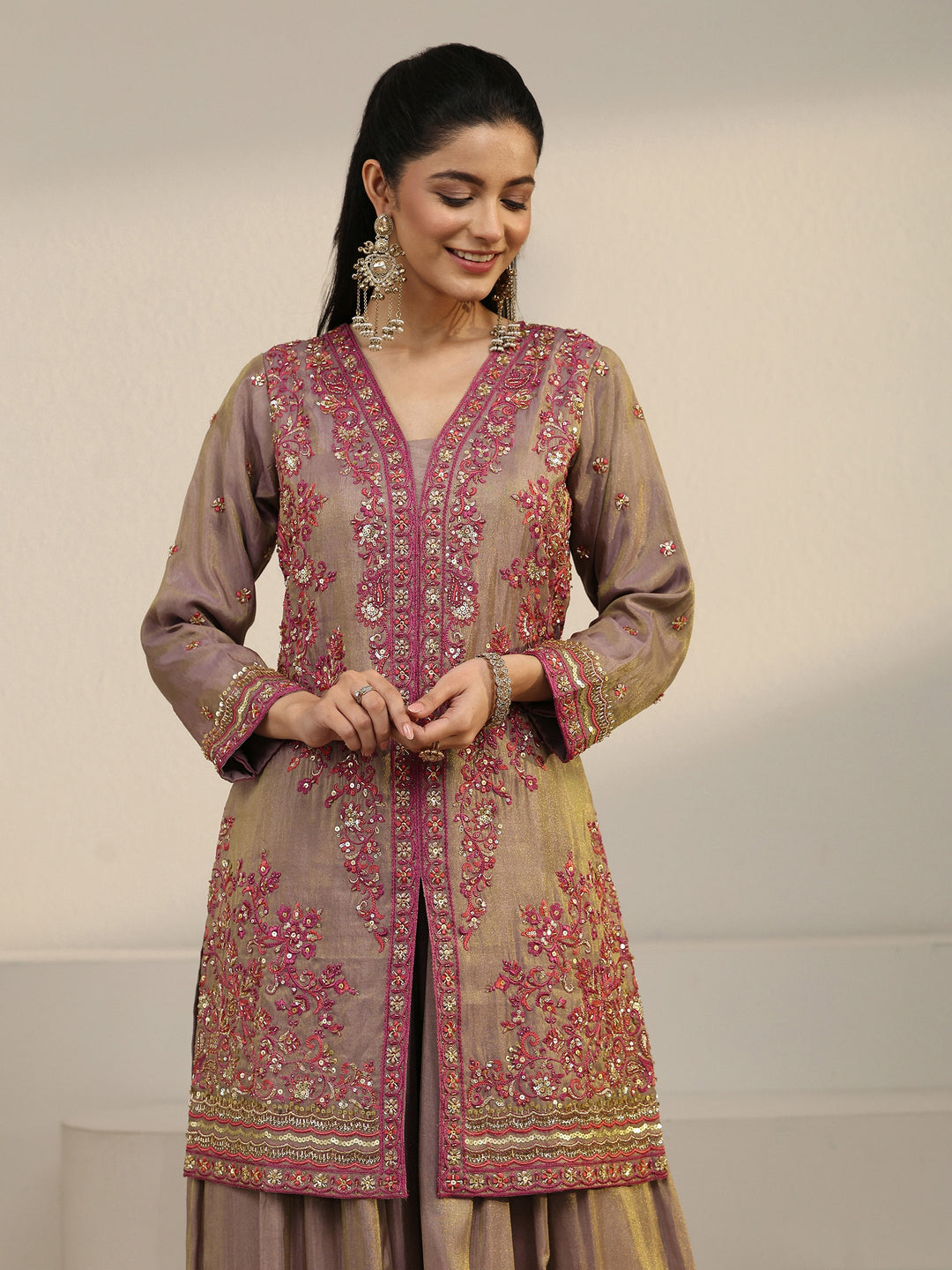  Libas Art Taupe Floral Embroidered Organza Palazzo Suit Set 