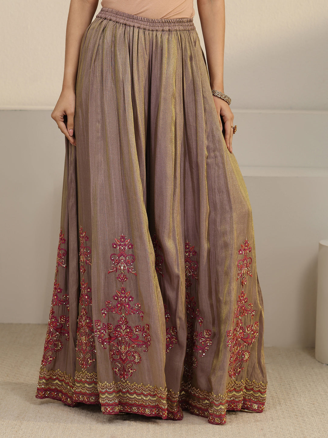  Libas Art Taupe Floral Embroidered Organza Palazzo Suit Set 