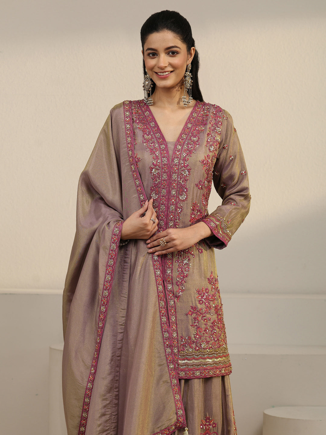  Libas Art Taupe Floral Embroidered Organza Palazzo Suit Set 