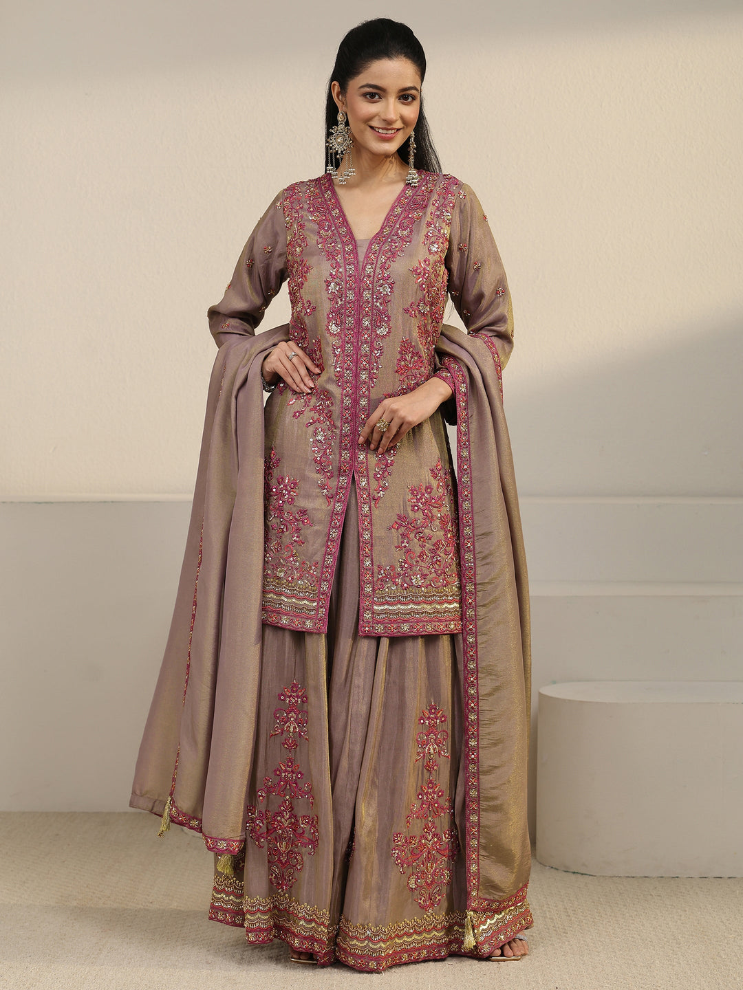  Libas Art Taupe Floral Embroidered Organza Palazzo Suit Set 