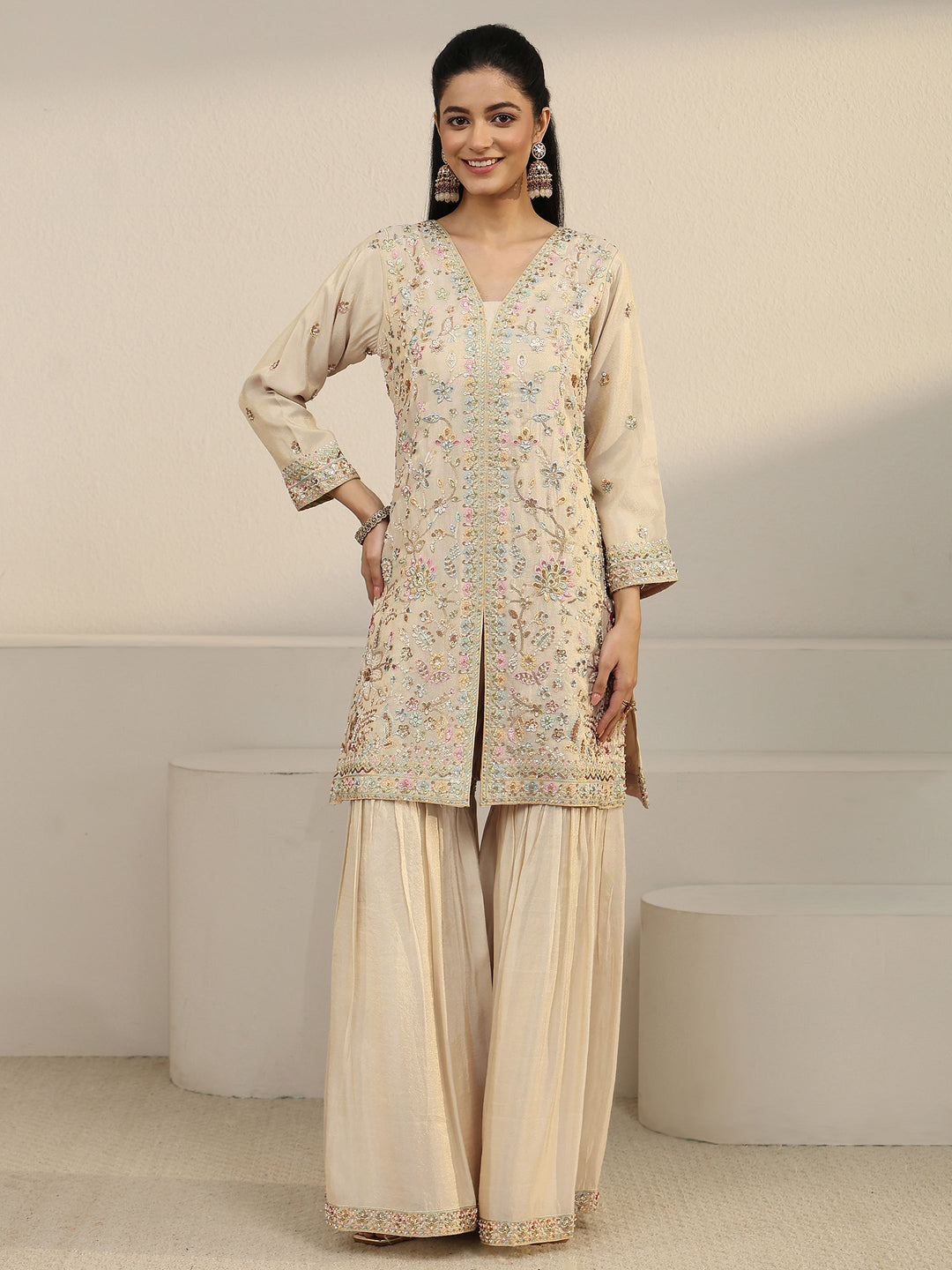  Libas Art Off White Floral Embroidered Organza Palazzo Suit Set 