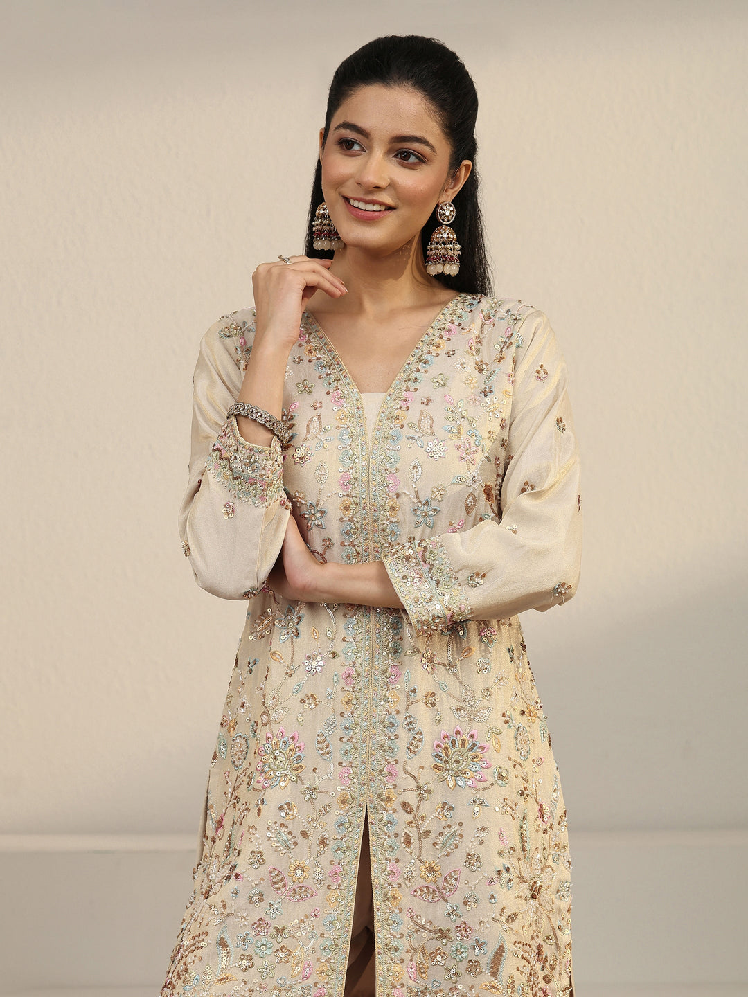  Libas Art Off White Floral Embroidered Organza Palazzo Suit Set 
