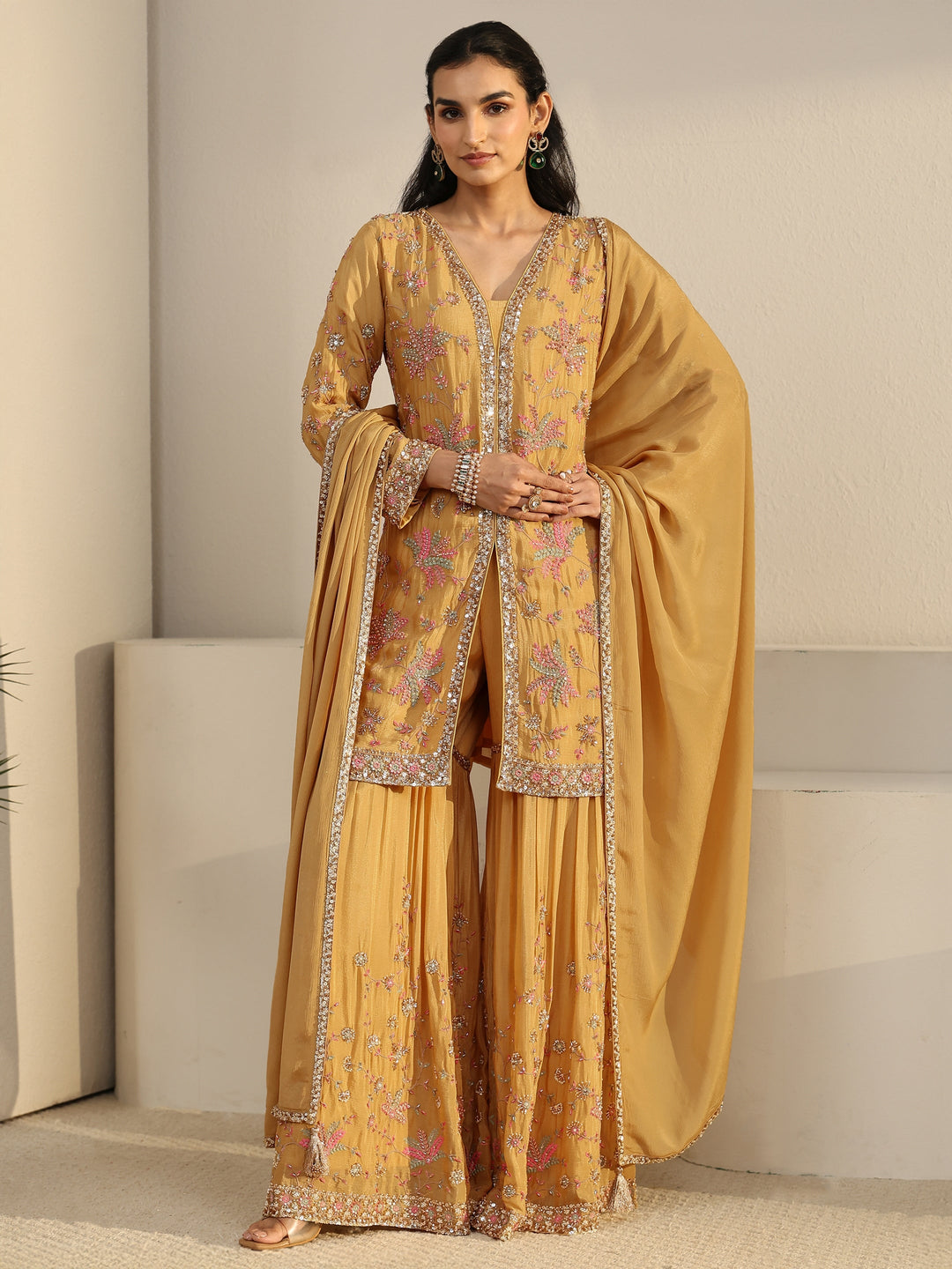  Libas Art Mustard Embellished Chinon Sharara Suit Set 