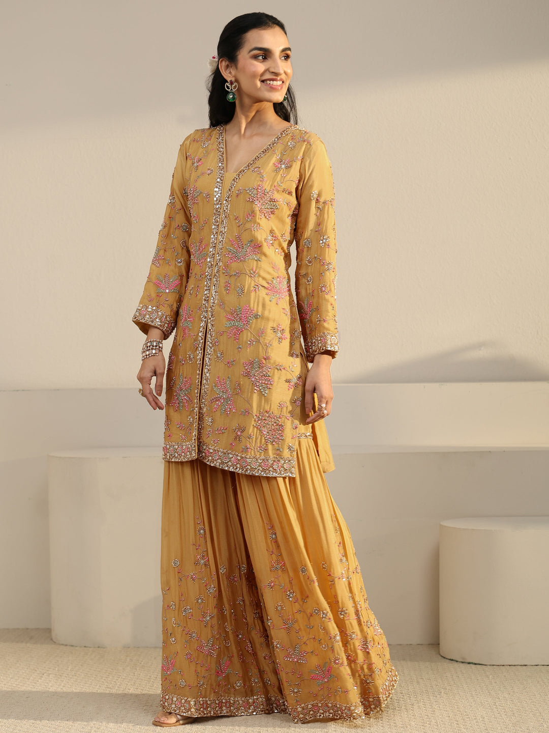  Libas Art Mustard Embellished Chinon Sharara Suit Set 