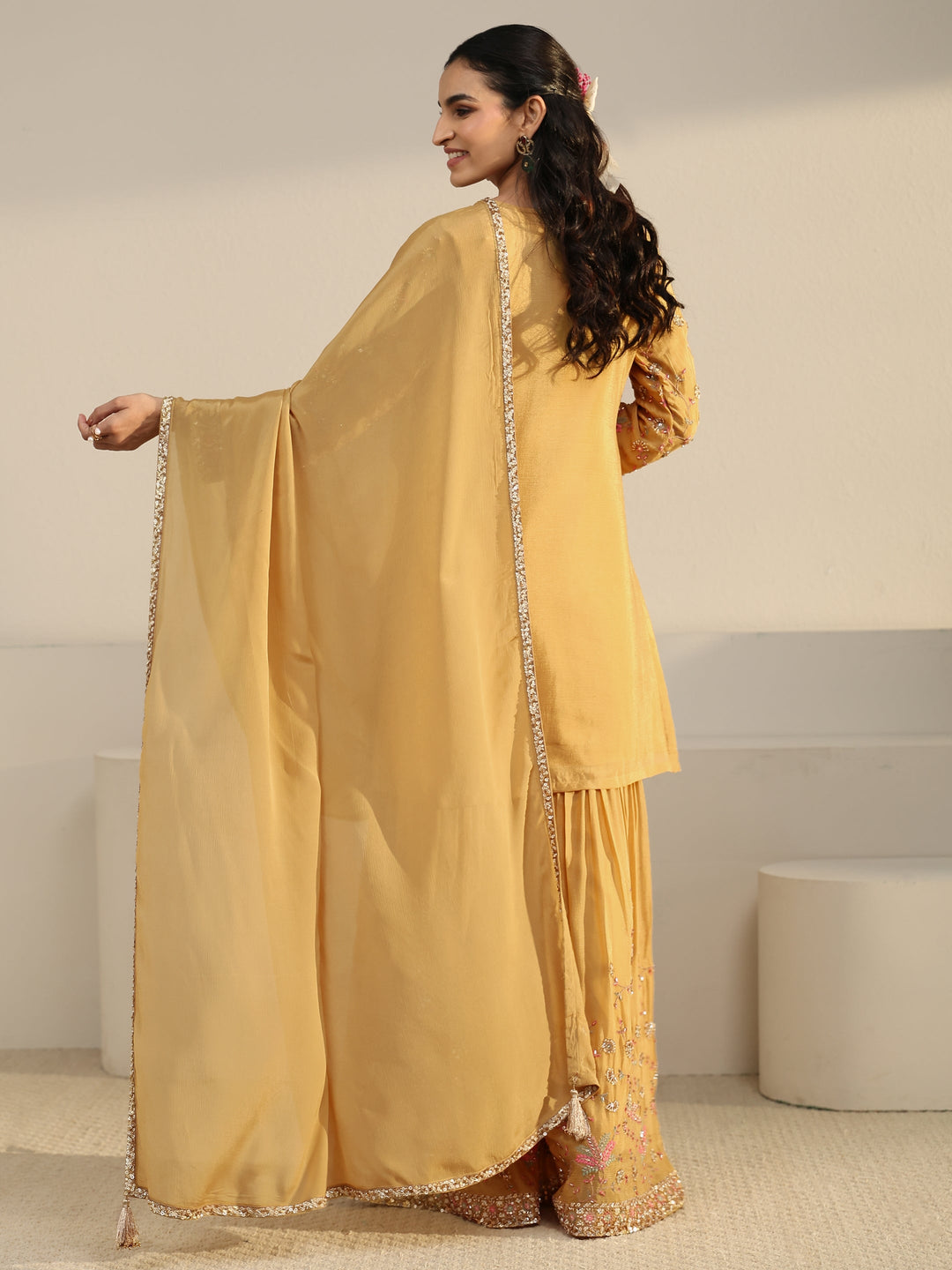  Libas Art Mustard Embellished Chinon Sharara Suit Set 
