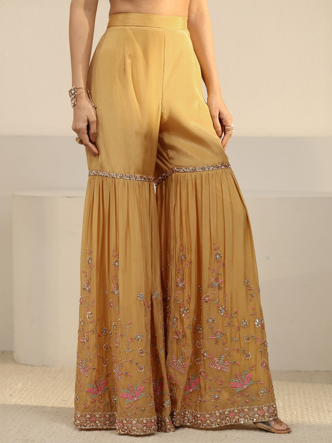  Libas Art Mustard Embellished Chinon Sharara Suit Set 