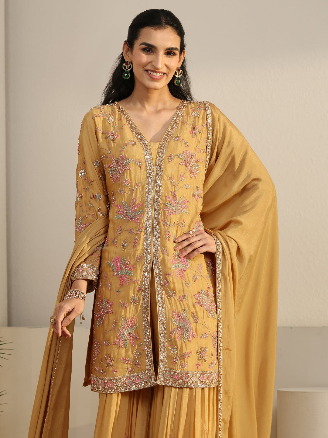  Libas Art Mustard Embellished Chinon Sharara Suit Set 