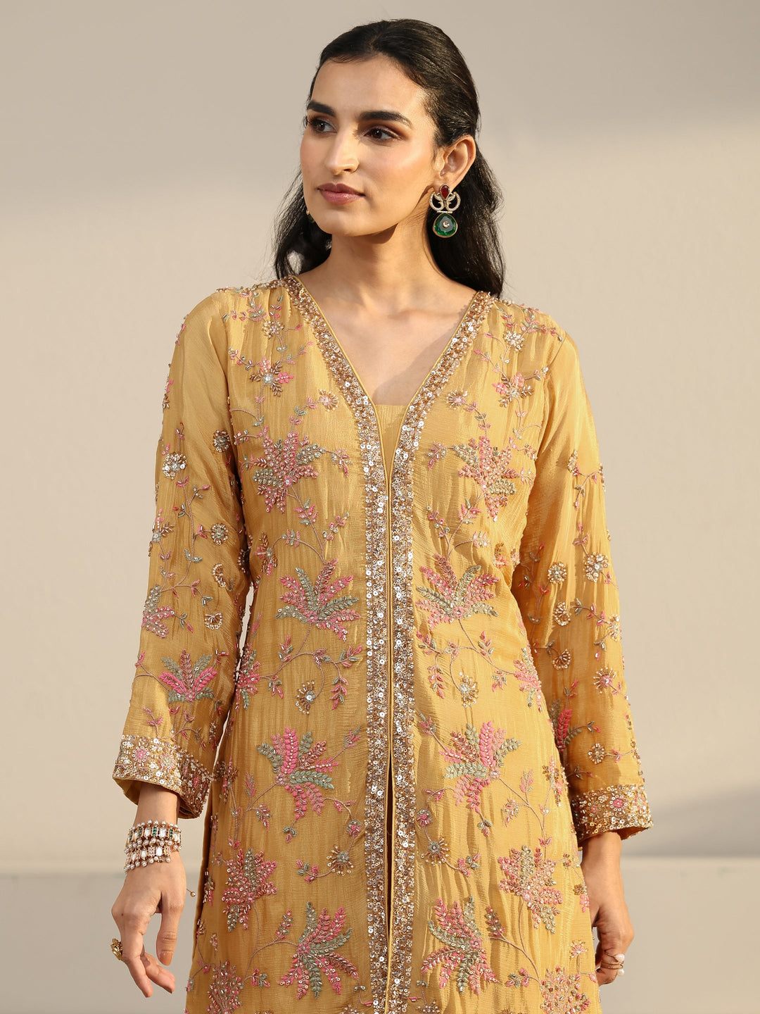  Libas Art Mustard Embellished Chinon Sharara Suit Set 
