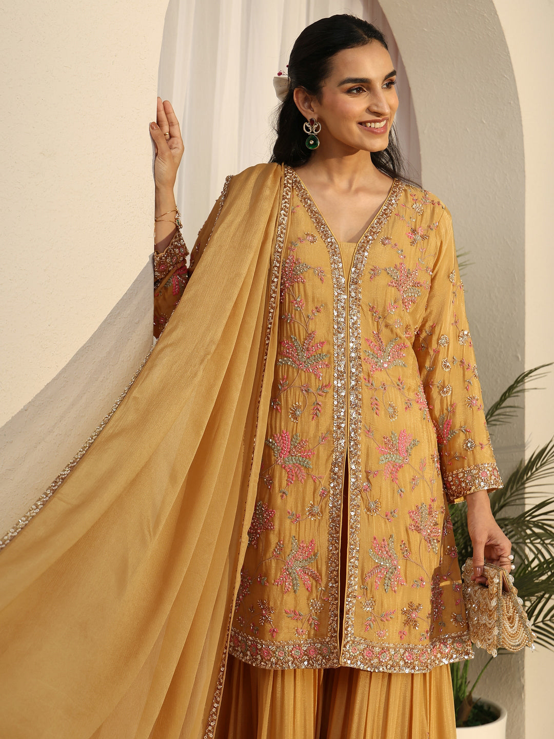  Libas Art Mustard Embellished Chinon Sharara Suit Set 