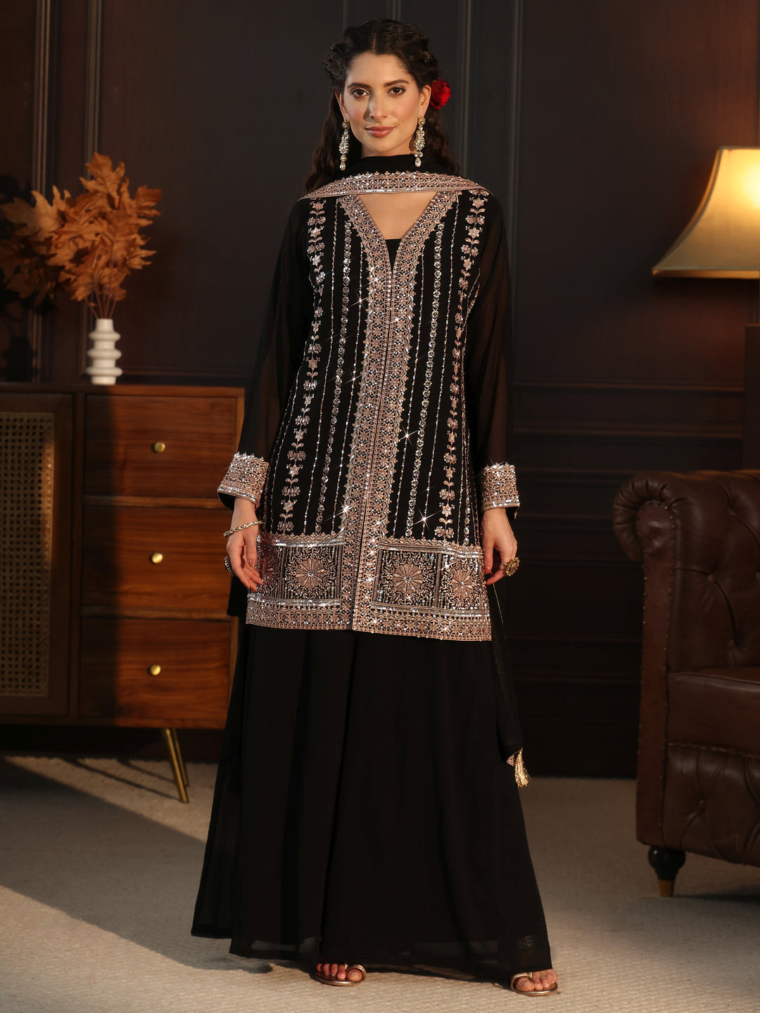  Libas Art Black Embellished Georgette Palazzo Suit Set 