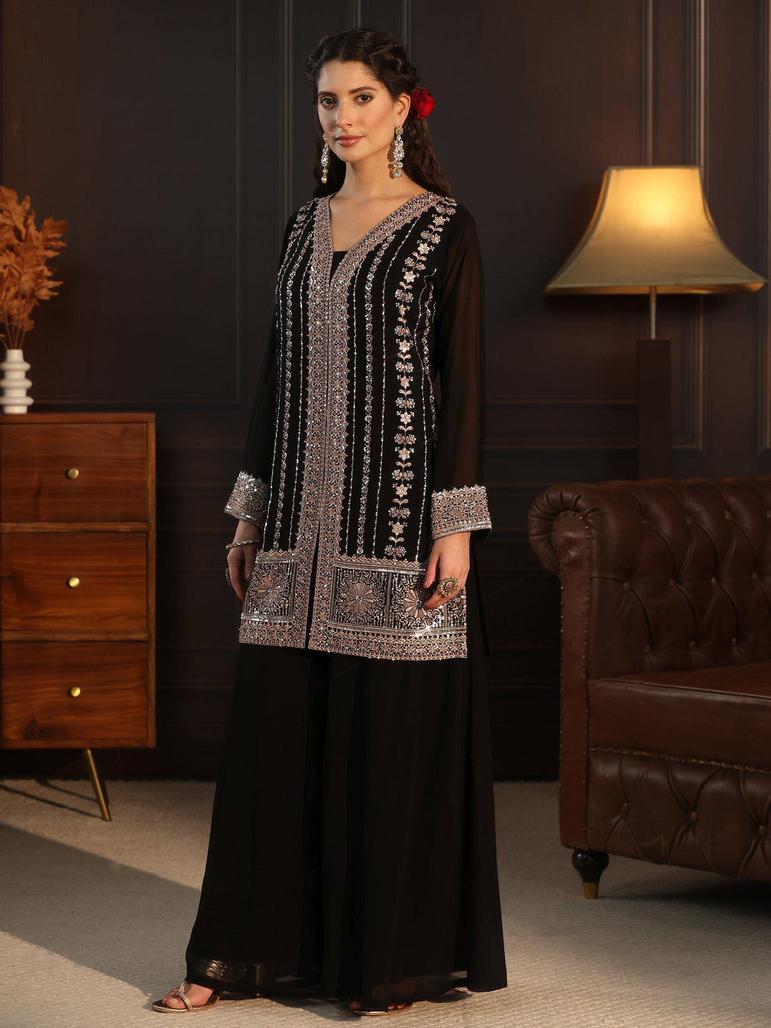  Libas Art Black Embellished Georgette Palazzo Suit Set 