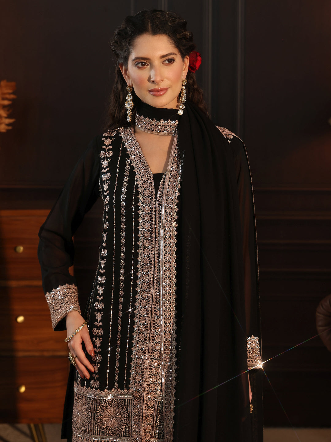  Libas Art Black Embellished Georgette Palazzo Suit Set 