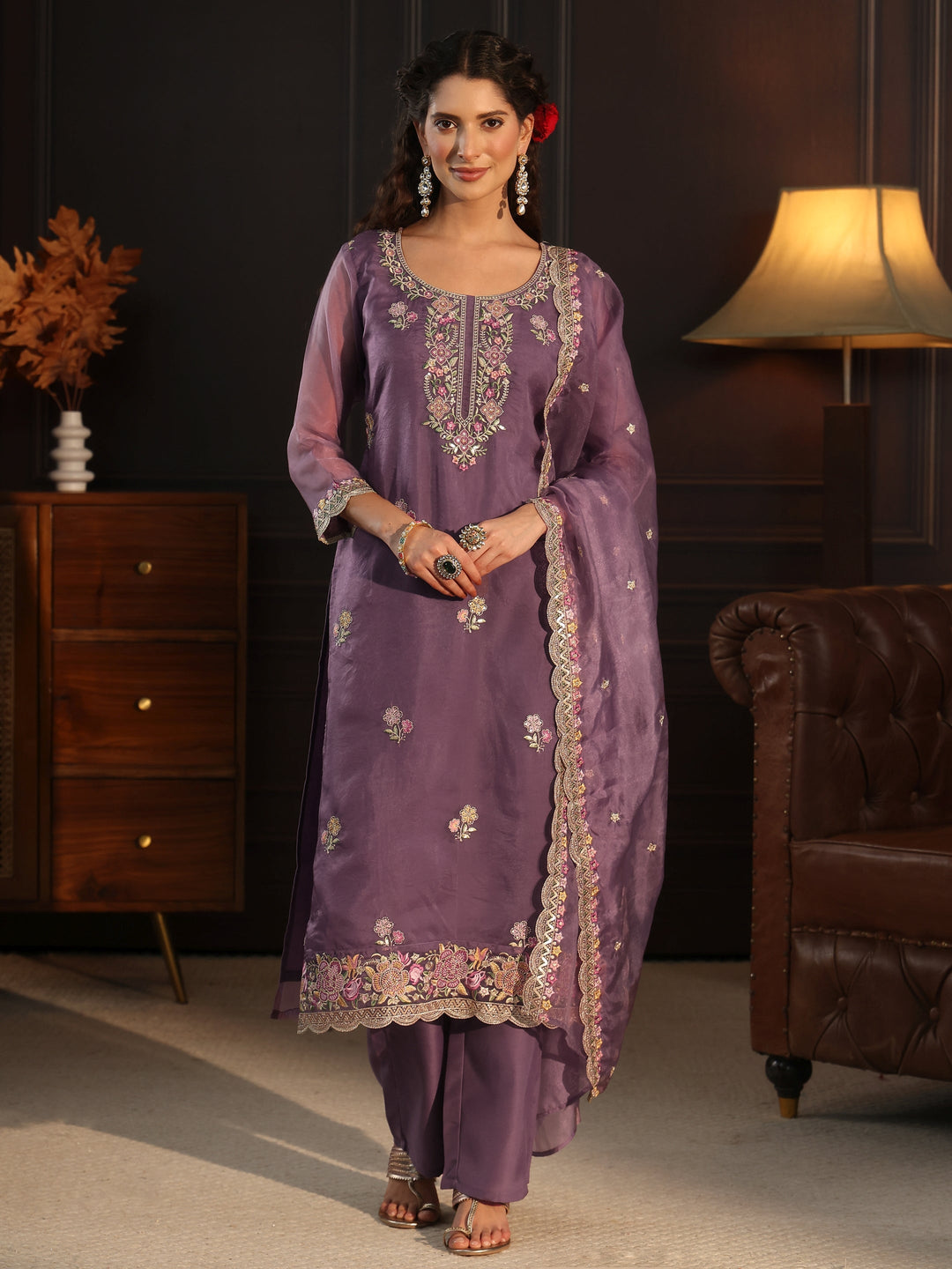  Libas Purple Floral Embroidered Tissue Straight Suit Set 