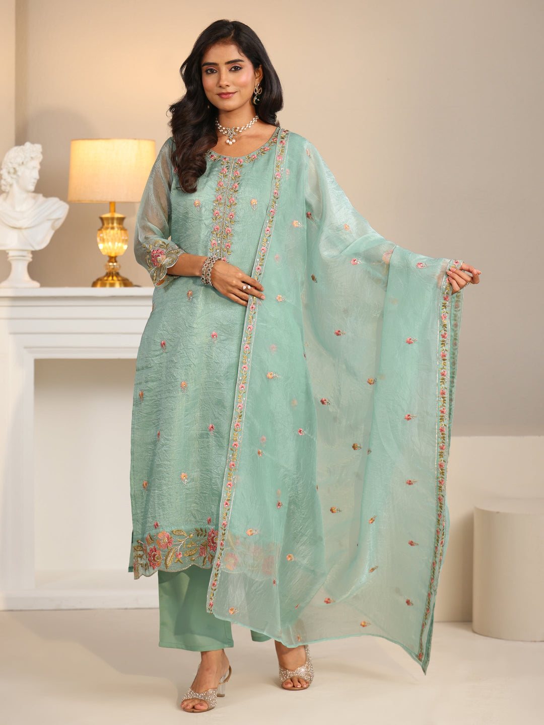  Libas Pale Turquoise Blue Floral Embroidered Tissue Straight Suit Set 